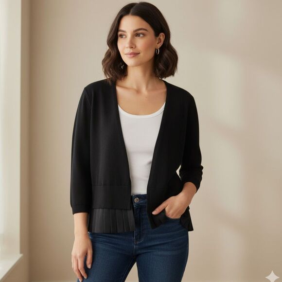 Tommy Hilfiger Women’s Black Pleated Hem Open Front Cardigan Sweater Size L - Picture 1 of 9